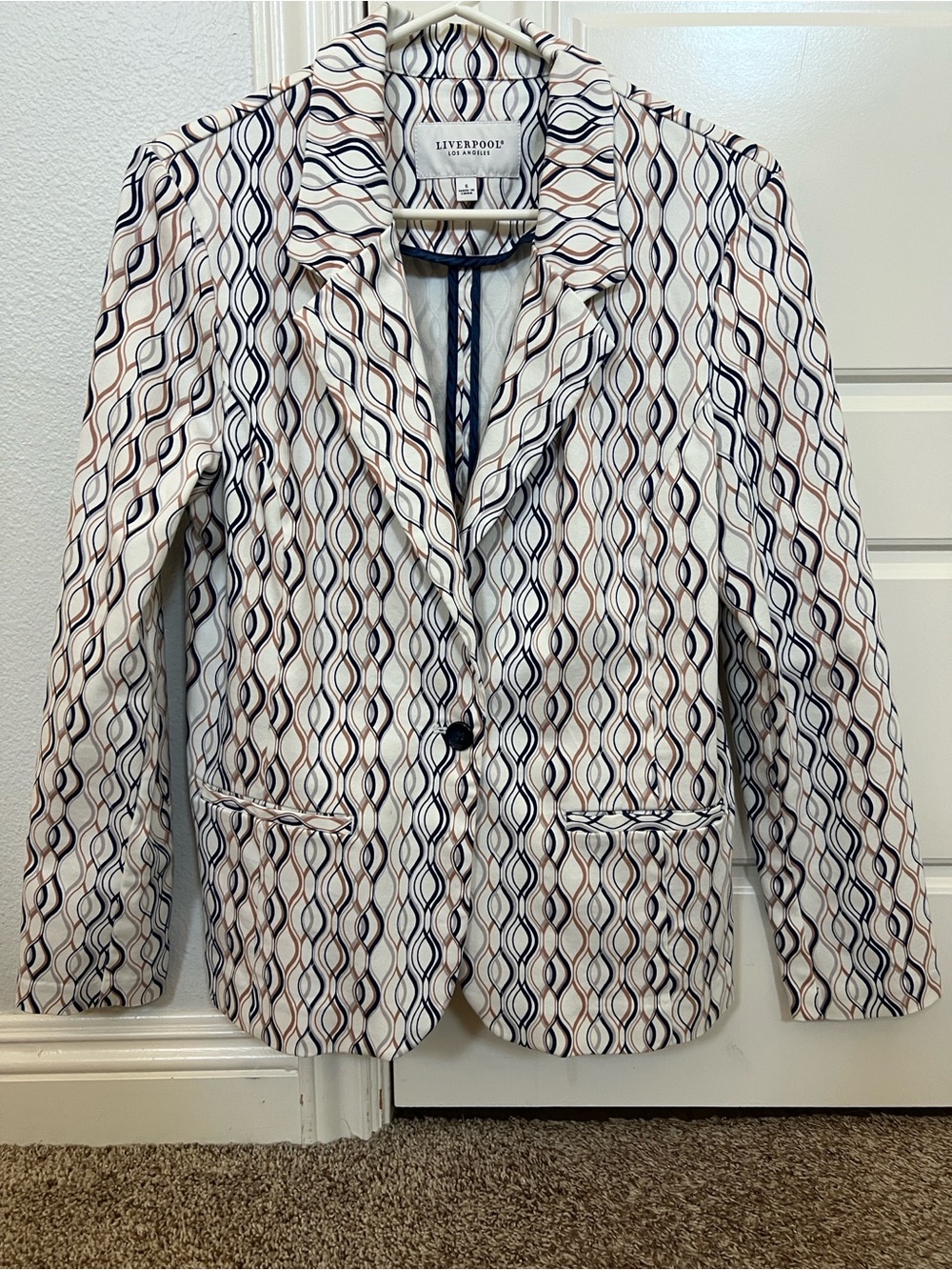 Liverpool White Blazer with Navy and Tan Geometric Pattern